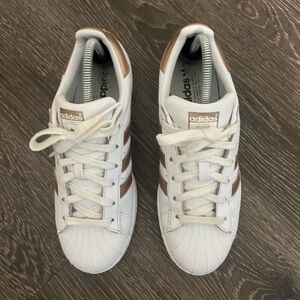 Adidas White and Rose Gold Superstar Sneakers